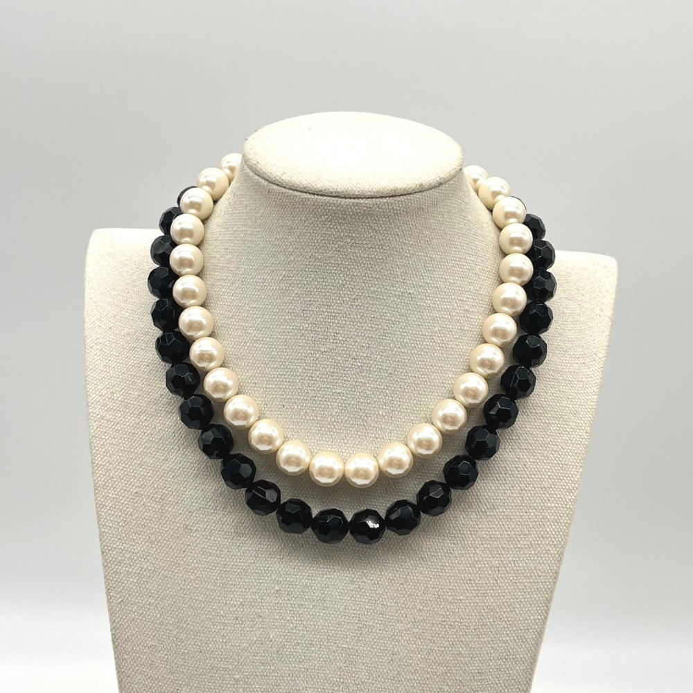 Vintage Double Strand Faux Pearl and Black Faceted Bead Necklace Gold Tone